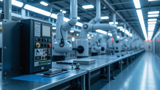 智能制造工厂场景，机器人手臂操作设备，蓝色背景