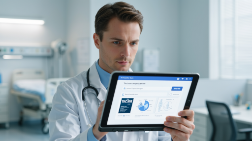 医疗场景，医生查看数字化病历，蓝色科技背景