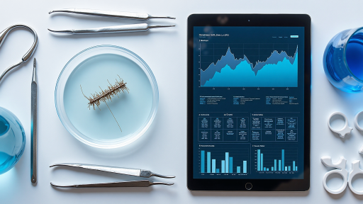 科研场景，实验室设备和数据可视化界面，蓝色背景